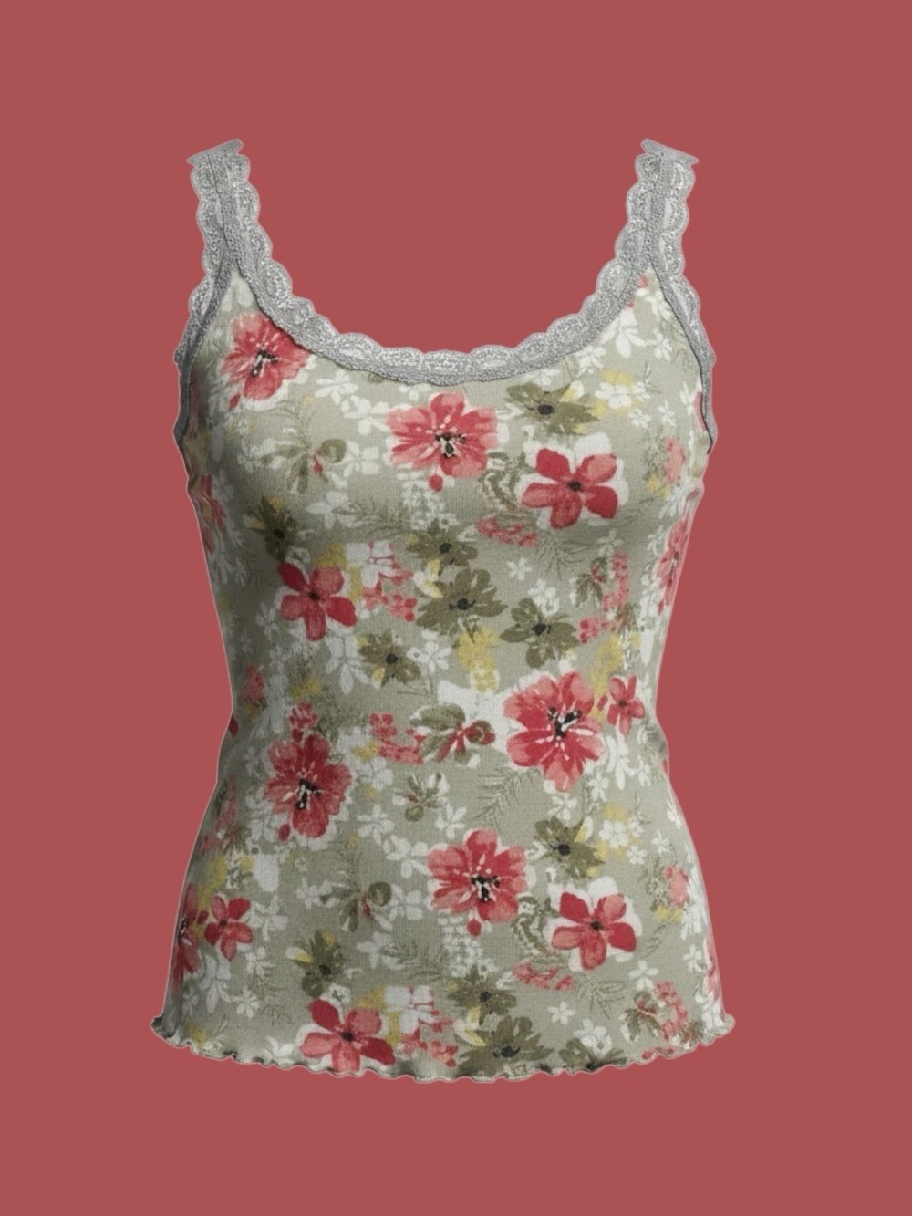 Basic Editions Floral Lace Trim Tank Top Y2K Coquette Cottagecore 2x
